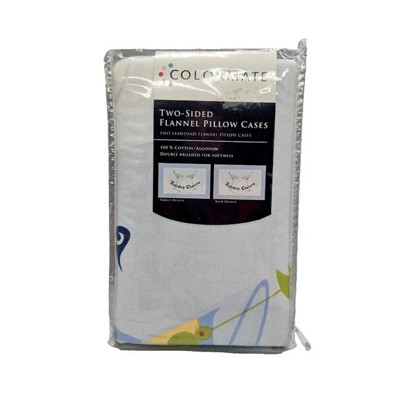 Sears Colormate Two-Sided Flannel Pillow Cases Standard Lt Blue Holiday Cheers - Picture 1 of 9